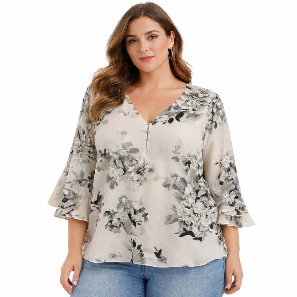 Calvin Klein Tunic Blouse Womens XL Beige Floral V Neck 3/4 Bell Sleeve Top